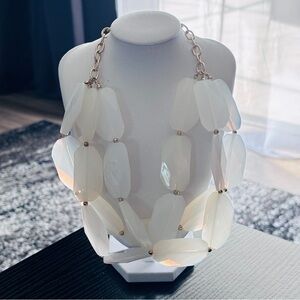 White Triple Strand Statement Necklace Faceted Acrylic Beads Gold Chain